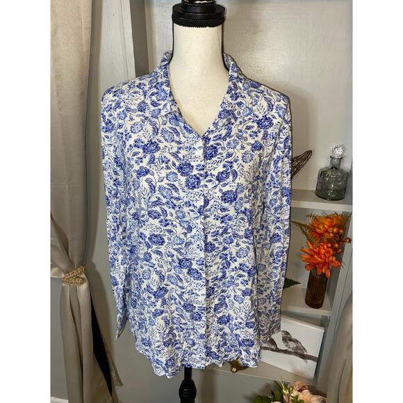 NWT Alexander Jordan size Large $59 White Navy Floral Button Down Shirt - Picture 1 of 12